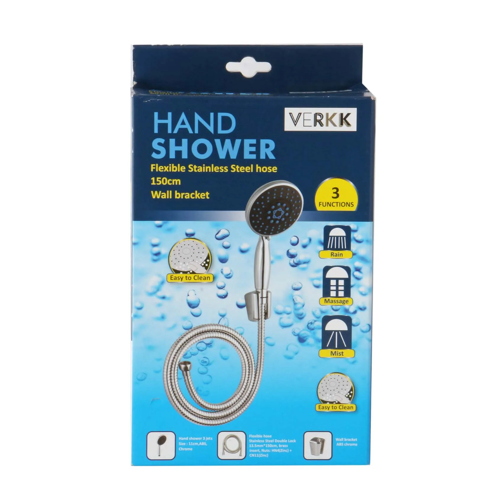 VERK HAND SHOWER WITH FLEXIBLE STAINLESS STEEL HOSE 150CM,WALL BRACKET