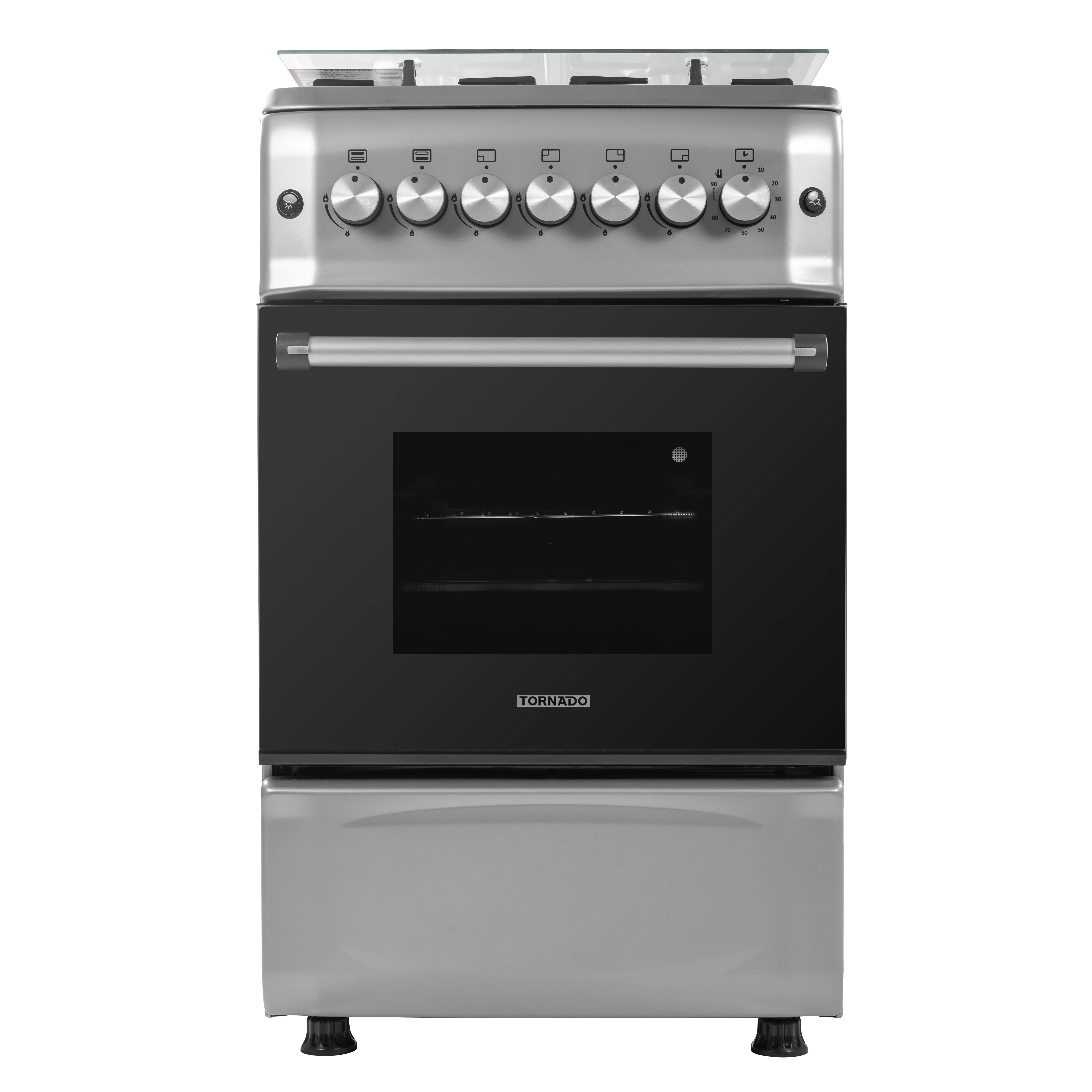 Tornado 50x55cm Freestanding Cooker, Full Gas Cooking Range with 4 Burners, Automatic Ignition & full Safety, Cast Iron Pan Support, Stainless Steel Finish, Separate Knob, Turkey, 5T40BBS2W01AE