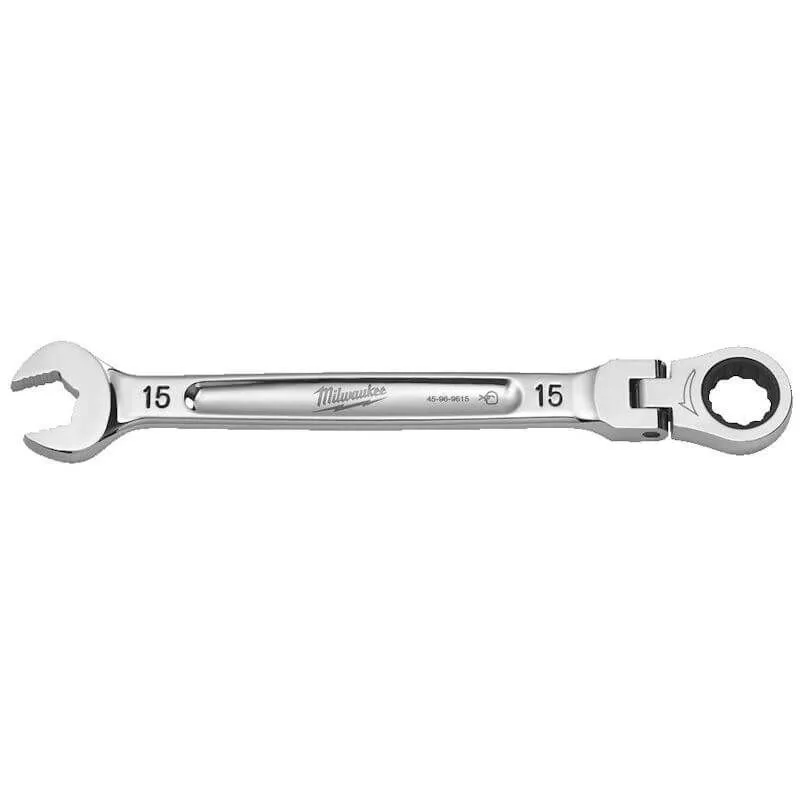 MILWAUKEE MAX BITE™ FLEXIBLE HEAD RATCHETING COMBINATION SPANNER | 15 MM - DISPLAY