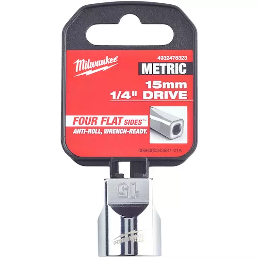 MILWAUKEE 1/4 DRIVE CHROME SOCKET WITH FOUR FLAT SIDES, METRIC STANDARD | 15 MM - DISPLAY