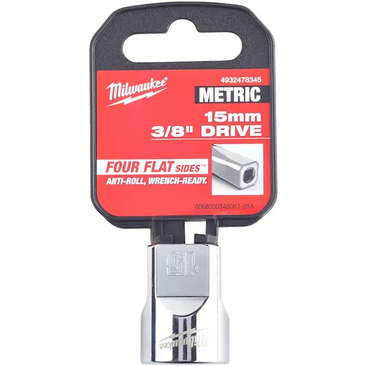 MILWAUKEE 3/8 DRIVE CHROME SOCKET WITH FOUR FLAT SIDES, METRIC STANDARD | 15 MM - DISPLAY