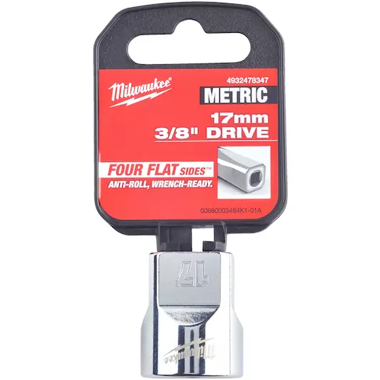 MILWAUKEE 3/8 DRIVE CHROME SOCKET WITH FOUR FLAT SIDES, METRIC STANDARD | 17 MM - DISPLAY