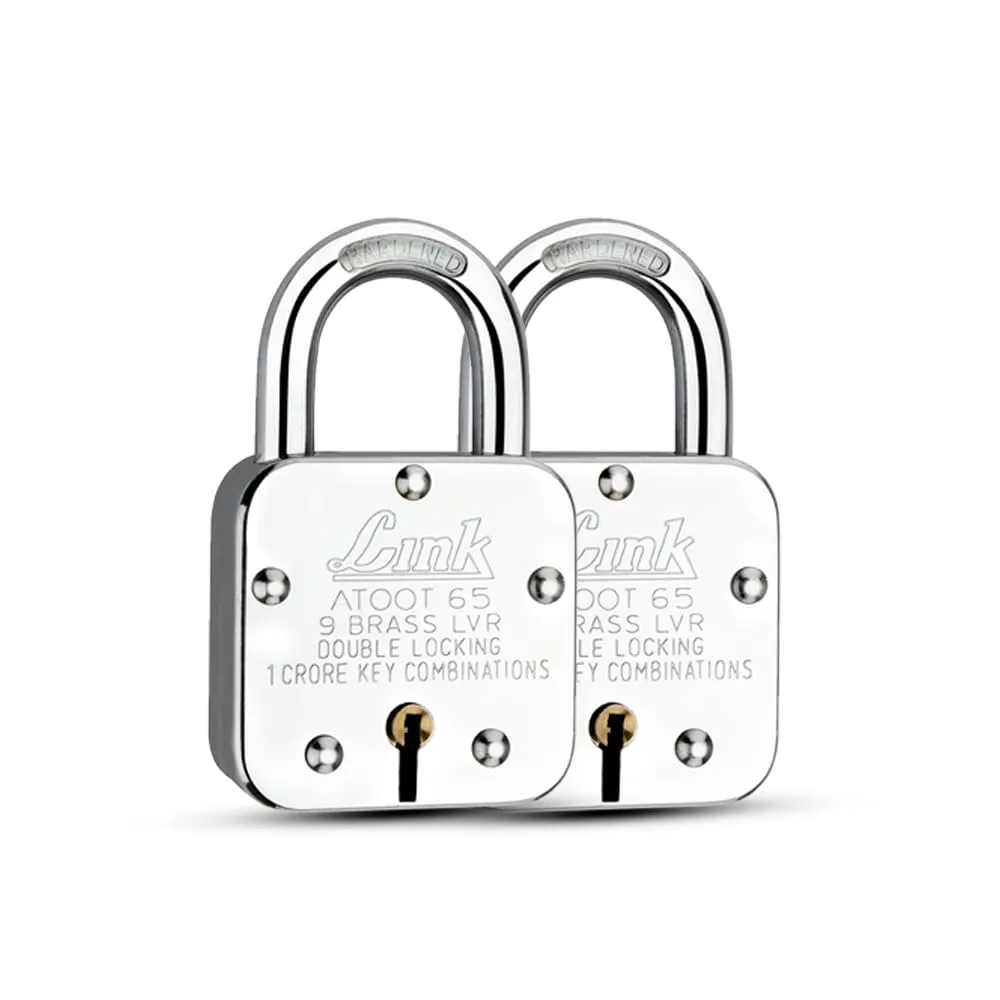 Link Atoot 65 9 Brass Lever Double Locking Pad Lock (Silver) Pack of 2