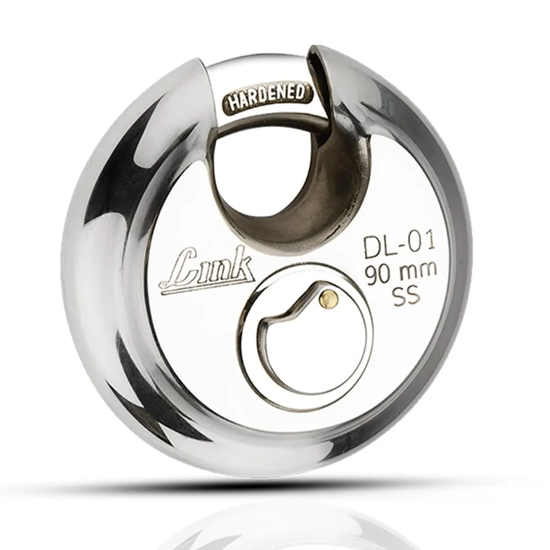 Link Disc Lock 90mm Padlock | Stainless Steel Body | Hardened Shackle | 3 Silver Keys with Hi-Tech Nickle | 1 Padlock | Made in India | 10 Years Warranty
