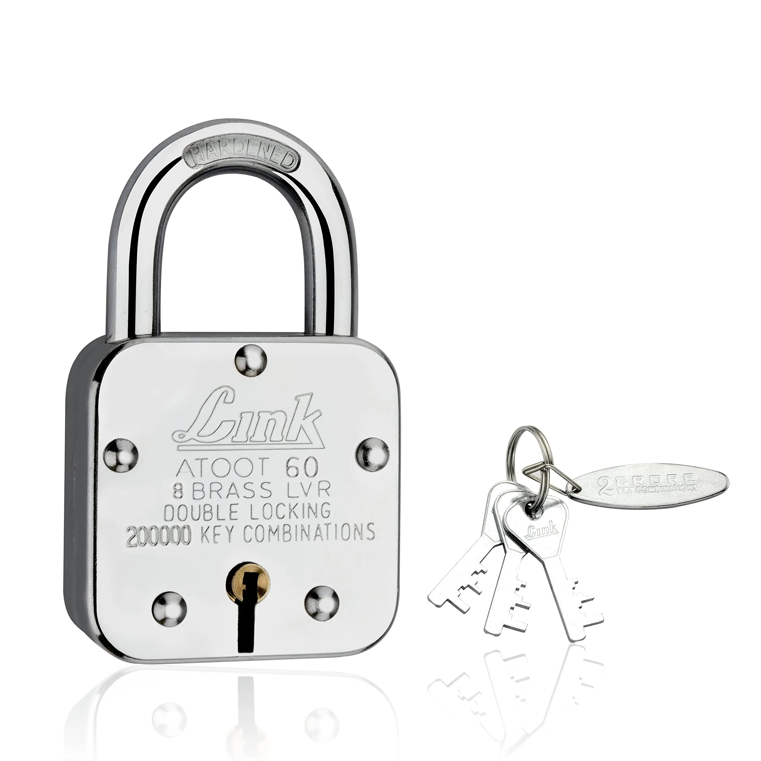 Link® Atoot 60mm Lock | 2 Lakhs Keys Combination Steel Body | Hardened Shackle | 8 Brass Levers | Made in India | 1 Padlock 3 Silver Keys