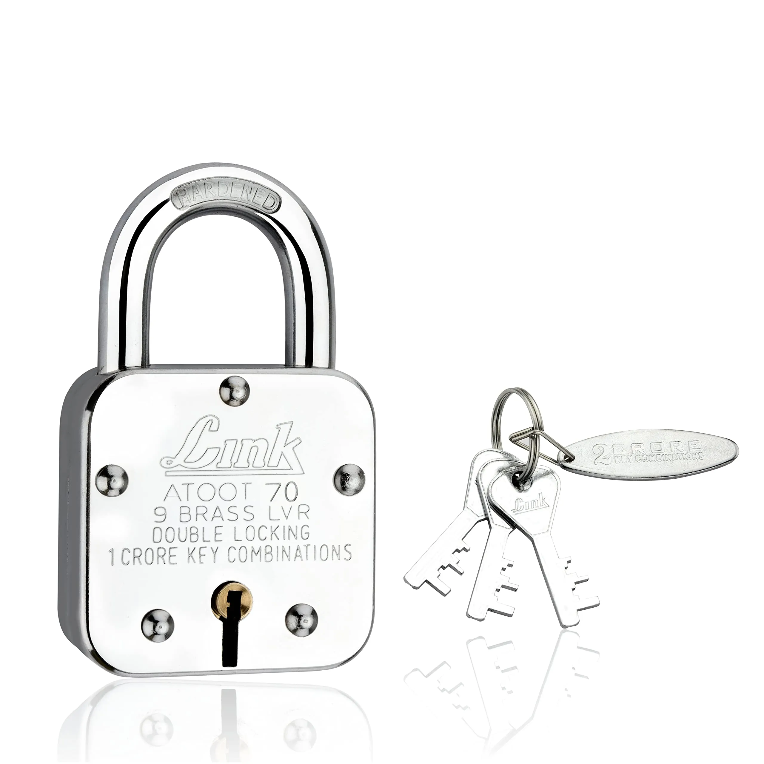 Link Atoot 70mm Lock | 1 Crore Key Combinations | Stainless Steel Body | Hardened Shackle | 9 Brass Lever | Made in India | 1 Padlock 3 Silver Keys