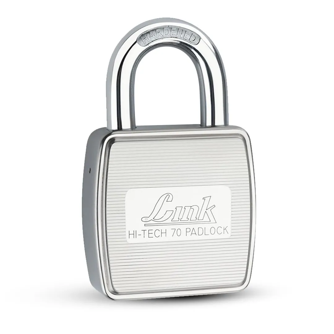 Link Hi-Tech 70MM Padlock|Stainless Steel Lock for Main Door, Office, Shop, Garage| Hardened Shackle, Silver Finish | Includes 3 Hi-Tech Keys | Rust-Resistant Security Lock | 15-Year Warranty
