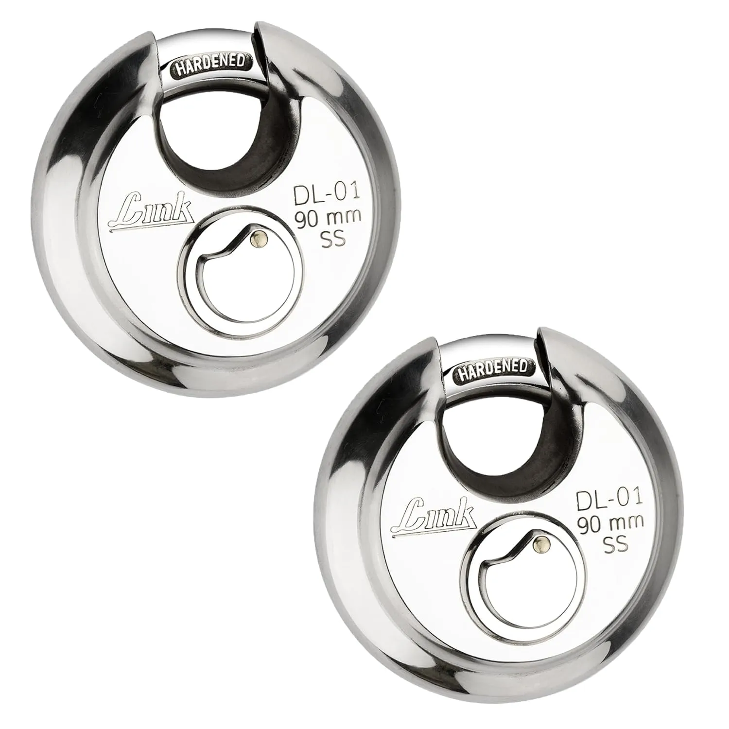 Link® Hi-Tech 90mm Round Padlock | Stainless Steel Body | Hardened Shackle | 3 Silver Keys with Hi-Tech Nickle | | Made in India, Pack of 2