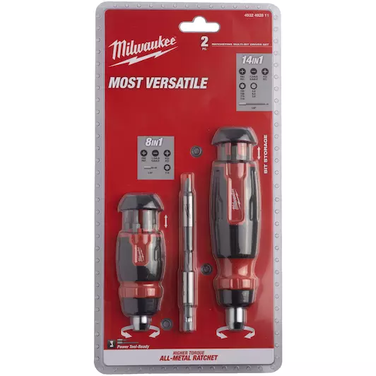 MILWAUKEE RATCHETING AND COMPACT RATCHETING MULTI-BIT SCREWDRIVER KIT [2PCS] DISPLAY